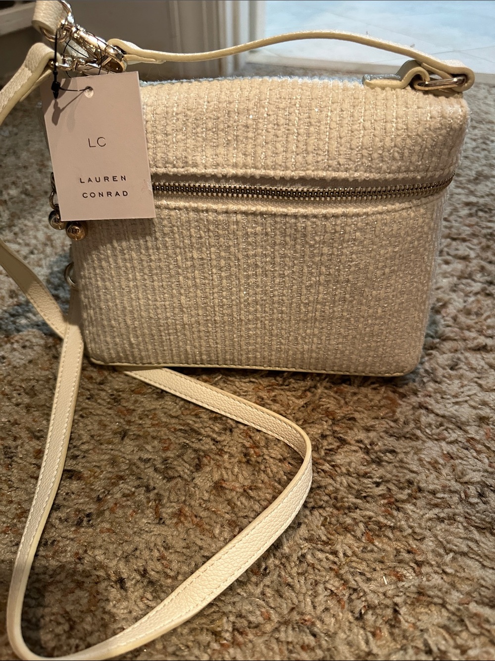 NWT LC Lauren Conrad Cream Tweed Crossbody with Gold Hardware